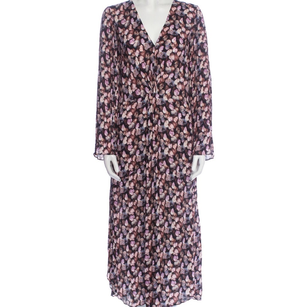 Vince Esme V-Neck Long Sleeve Micro Painted Floral Twist Drape Midi Dress Sz 14 - Picture 10 of 12